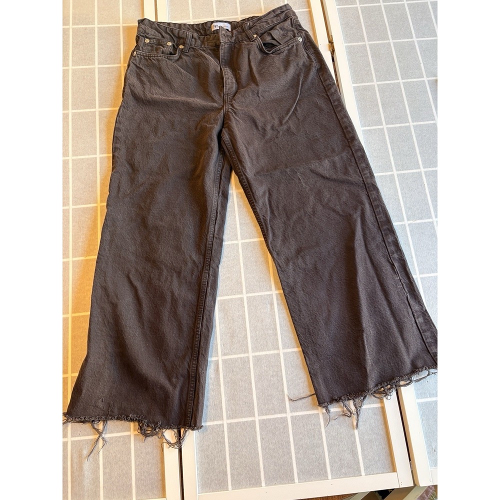 Zara Extra Wide Leg Trousers Women 6 High Waist Chocolate Brown Denim Distressed